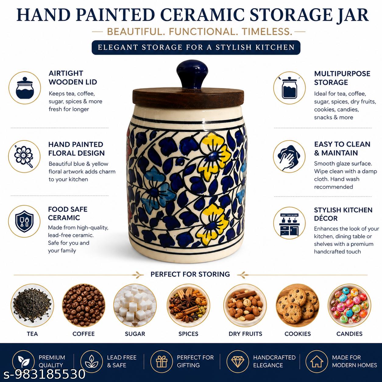 SAJAAO Blue Petal Ceramic Storage Jar with Wooden Airtight Lid, 600 ml, Handcrafted Canister for Tea, Coffee, Sugar (Multicolour)