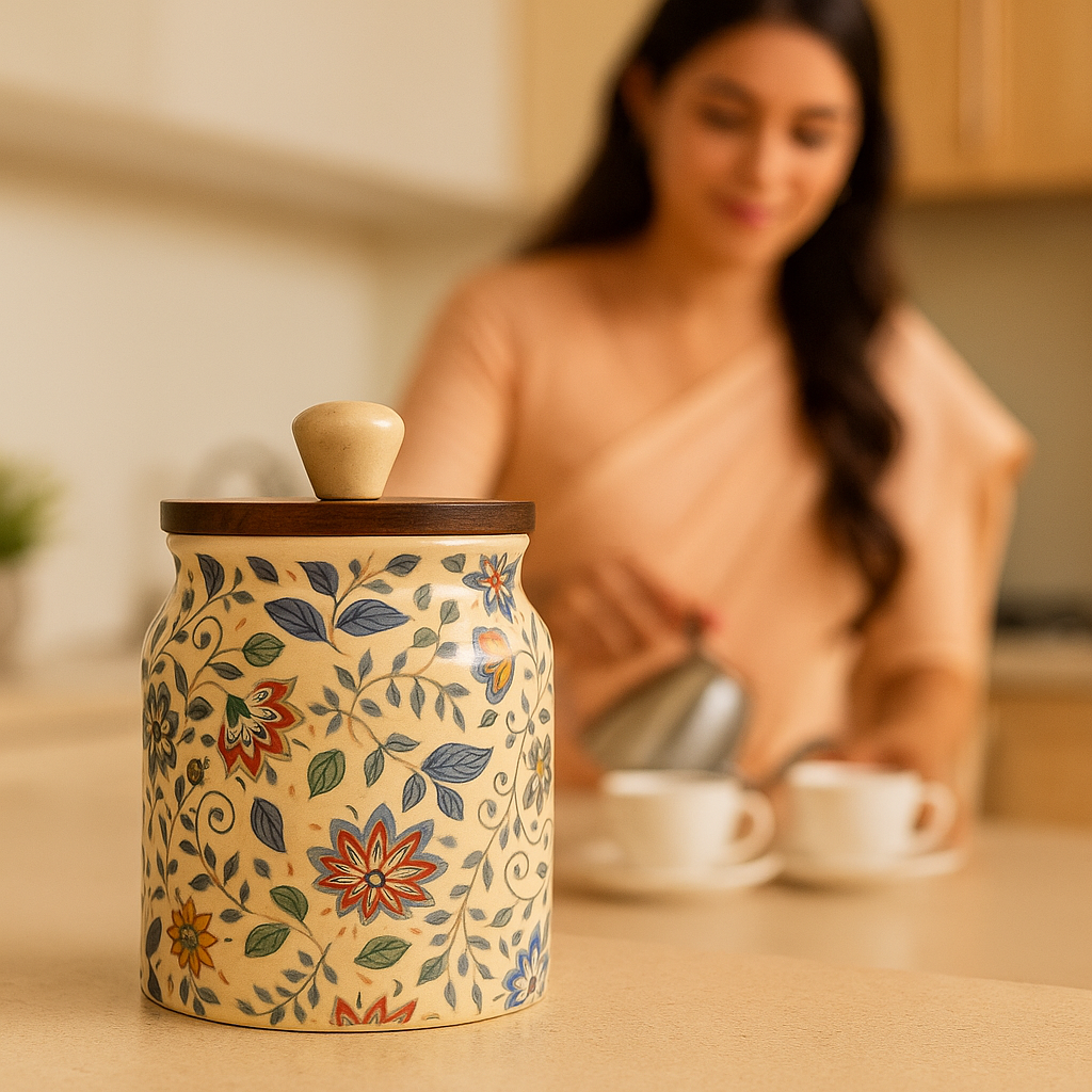 “Handcrafted Floral Ceramic Storage Jar with Wooden Lid”