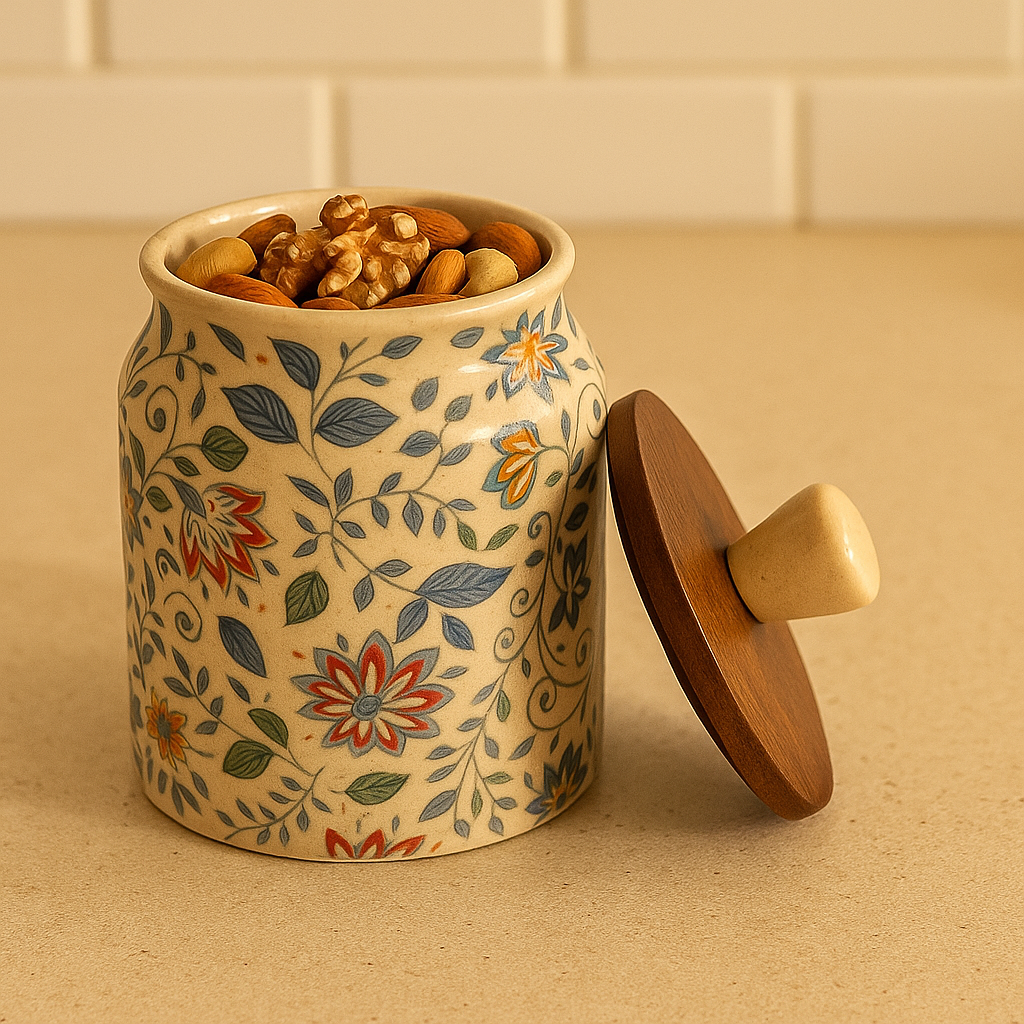 “Handcrafted Floral Ceramic Storage Jar with Wooden Lid”