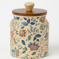 “Handcrafted Floral Ceramic Storage Jar with Wooden Lid”