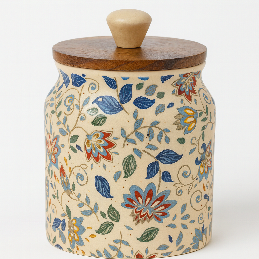 “Handcrafted Floral Ceramic Storage Jar with Wooden Lid”