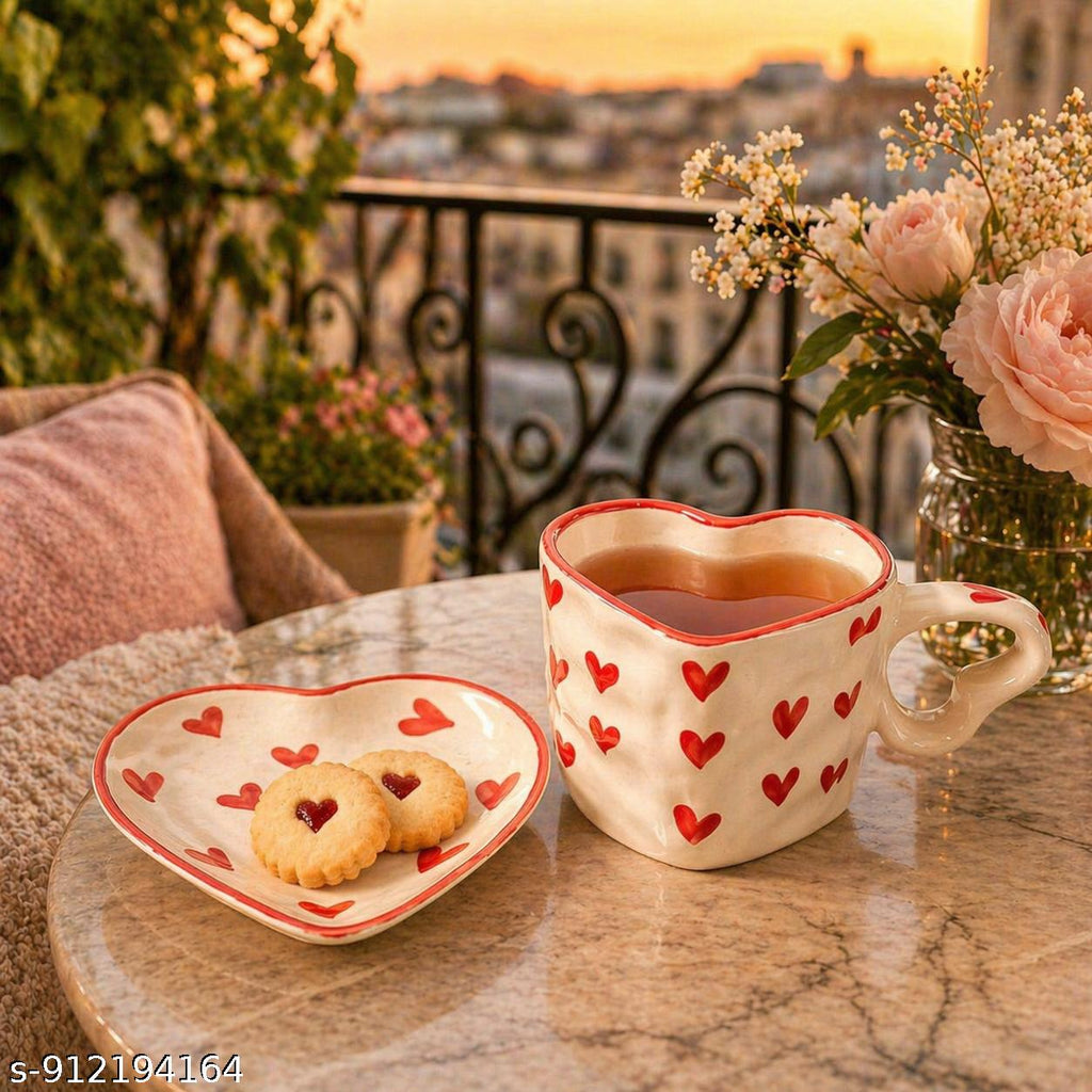 SAJAAO Heart Shape Ceramic Coffee Mug with Saucer for Tea, Cappuccino, Handpainted Red and White, Gift for Friend, Valentine Gift for Couples, Set of 2