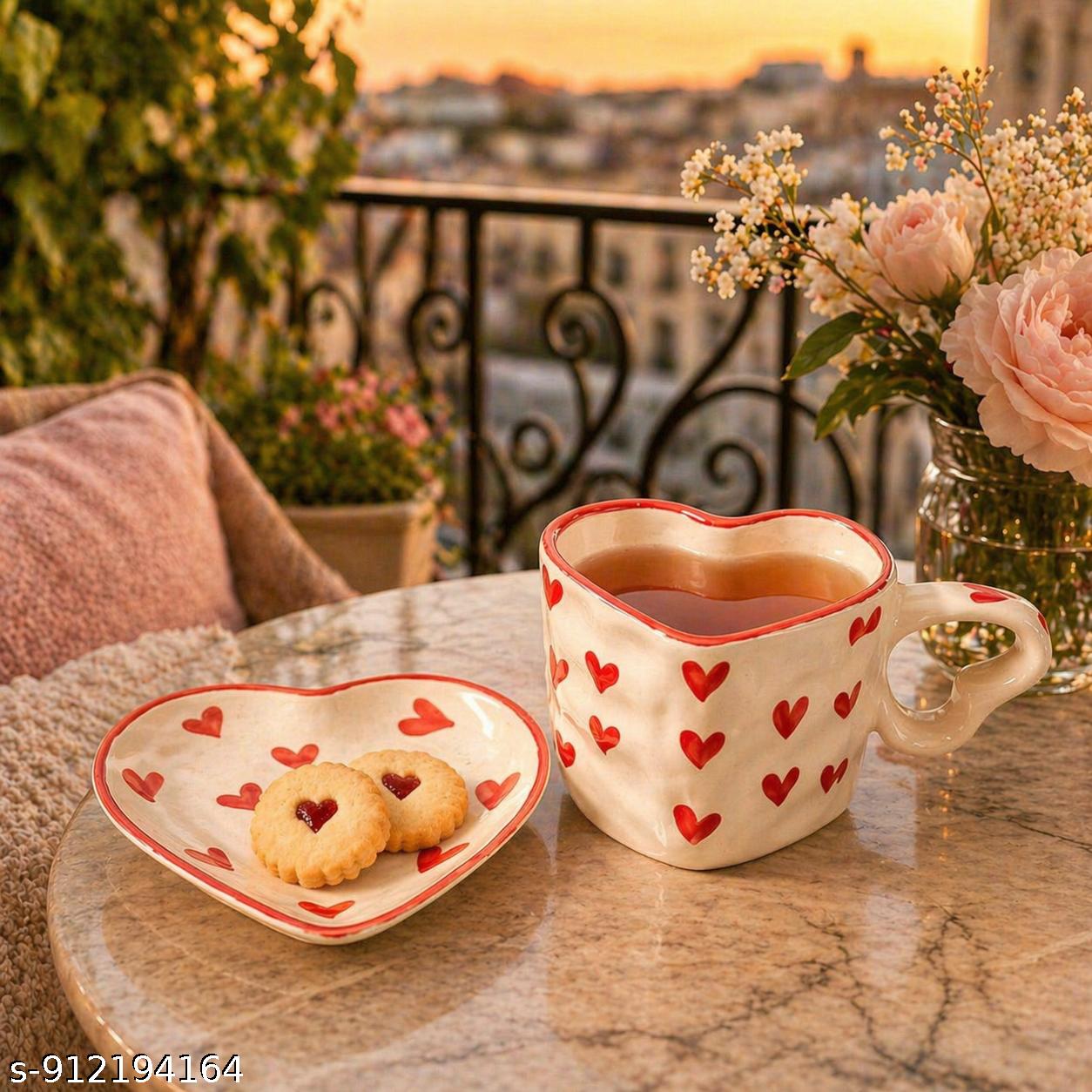 SAJAAO Heart Shape Ceramic Coffee Mug with Saucer for Tea, Cappuccino, Handpainted Red and White, Gift for Friend, Valentine Gift for Couples, Set of 2