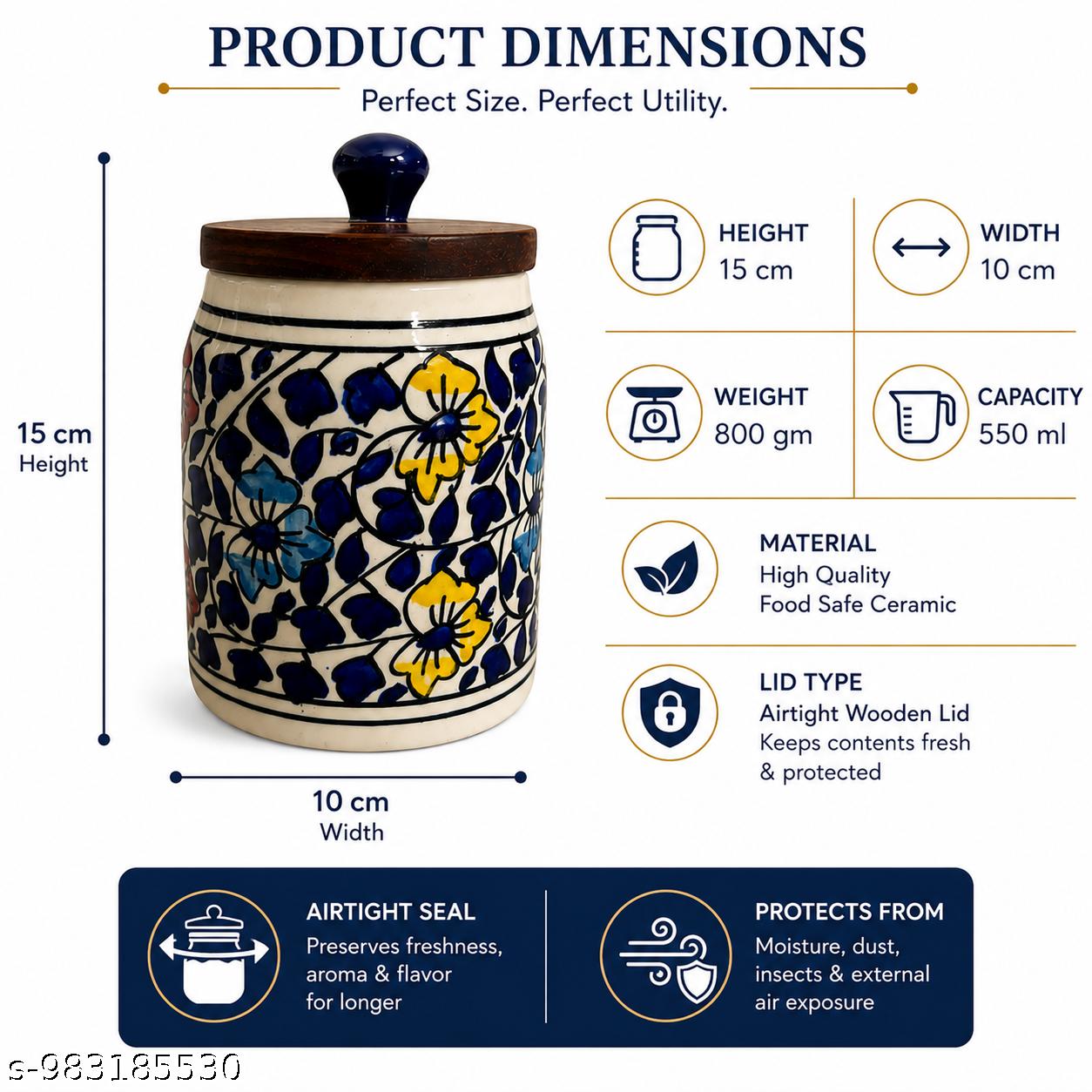 SAJAAO Blue Petal Ceramic Storage Jar with Wooden Airtight Lid, 600 ml, Handcrafted Canister for Tea, Coffee, Sugar (Multicolour)