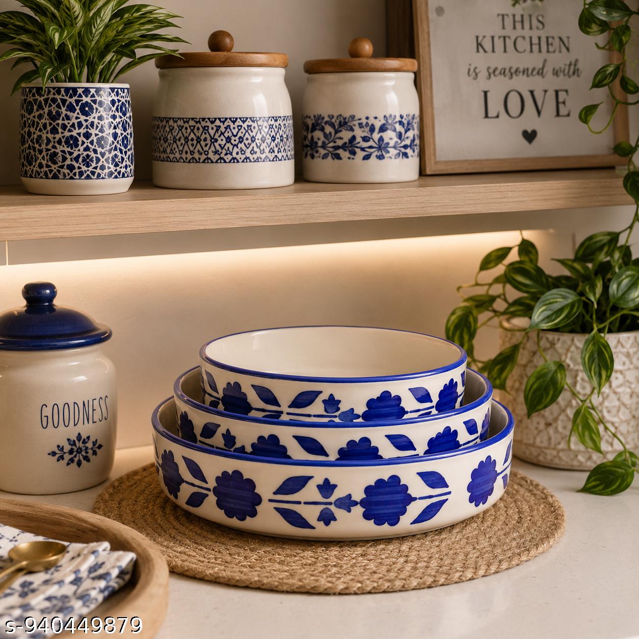 SAJAAO Ceramic Salad Bowl Set, Serving Snacks Ceramic Plates for Salad, Fruit, Ramen, Noodles, curries, Microwave and Dishwasher Safe, Floral Design (Blue, Pack of 3)