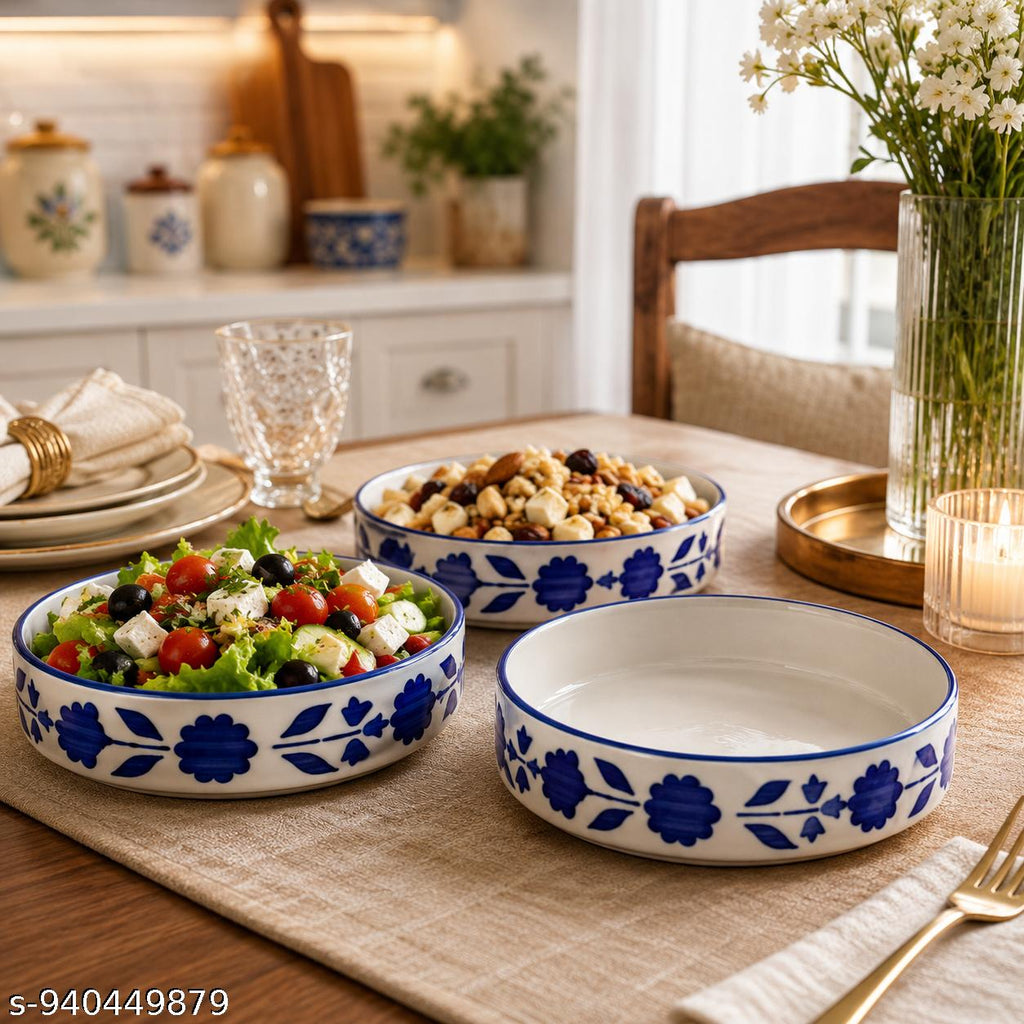 SAJAAO Ceramic Salad Bowl Set, Serving Snacks Ceramic Plates for Salad, Fruit, Ramen, Noodles, curries, Microwave and Dishwasher Safe, Floral Design (Blue, Pack of 3)