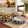 SAJAAO Ceramic Salad Bowl Set, Serving Snacks Ceramic Plates for Salad, Fruit, Ramen, Noodles, curries, Microwave and Dishwasher Safe, Floral Design (Blue, Pack of 3)