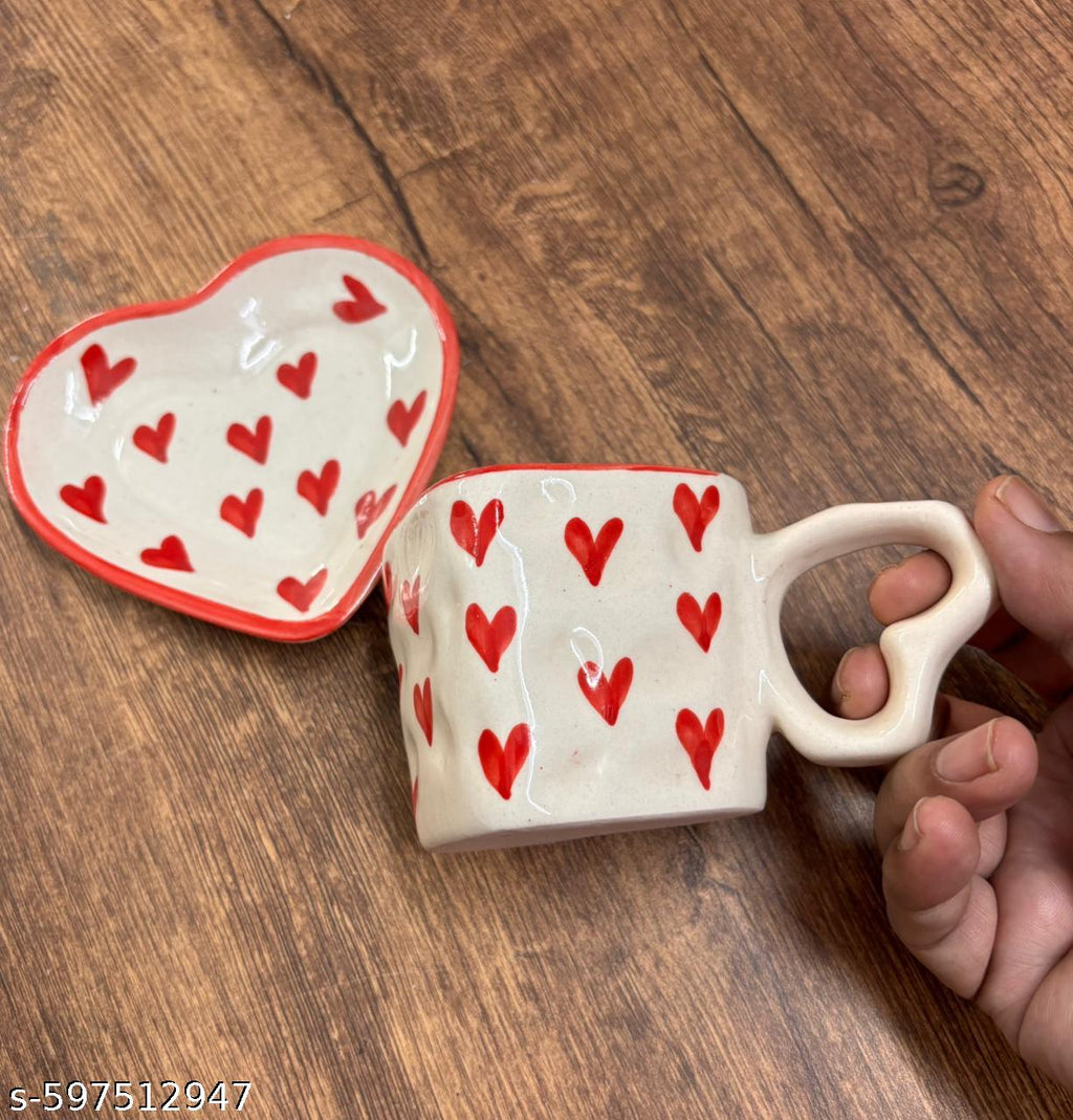Sajaao Lovely Heart Mug Saucer Set, (Pack of 1)
