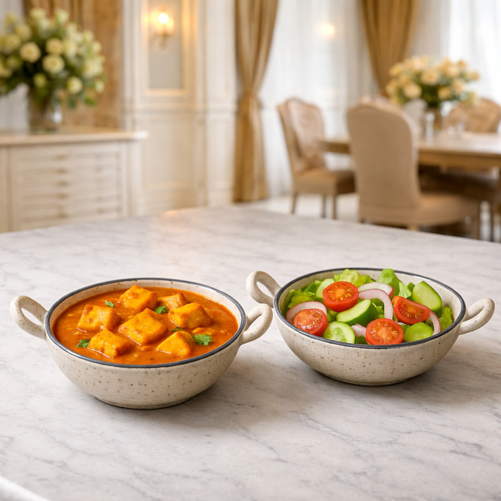 Sajaao kadhai shaped ceramic bowl, marble design serveware (small size, set of 2)