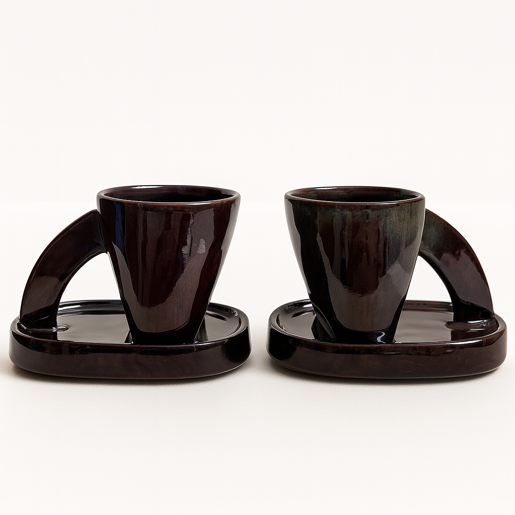 Modern Art-Inspired Ceramic Mug Set with Tray – Set of 2