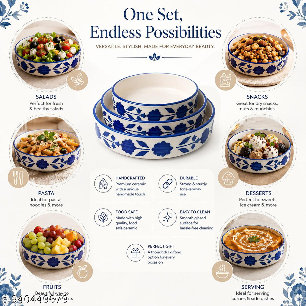 SAJAAO Ceramic Salad Bowl Set, Serving Snacks Ceramic Plates for Salad, Fruit, Ramen, Noodles, curries, Microwave and Dishwasher Safe, Floral Design (Blue, Pack of 3)