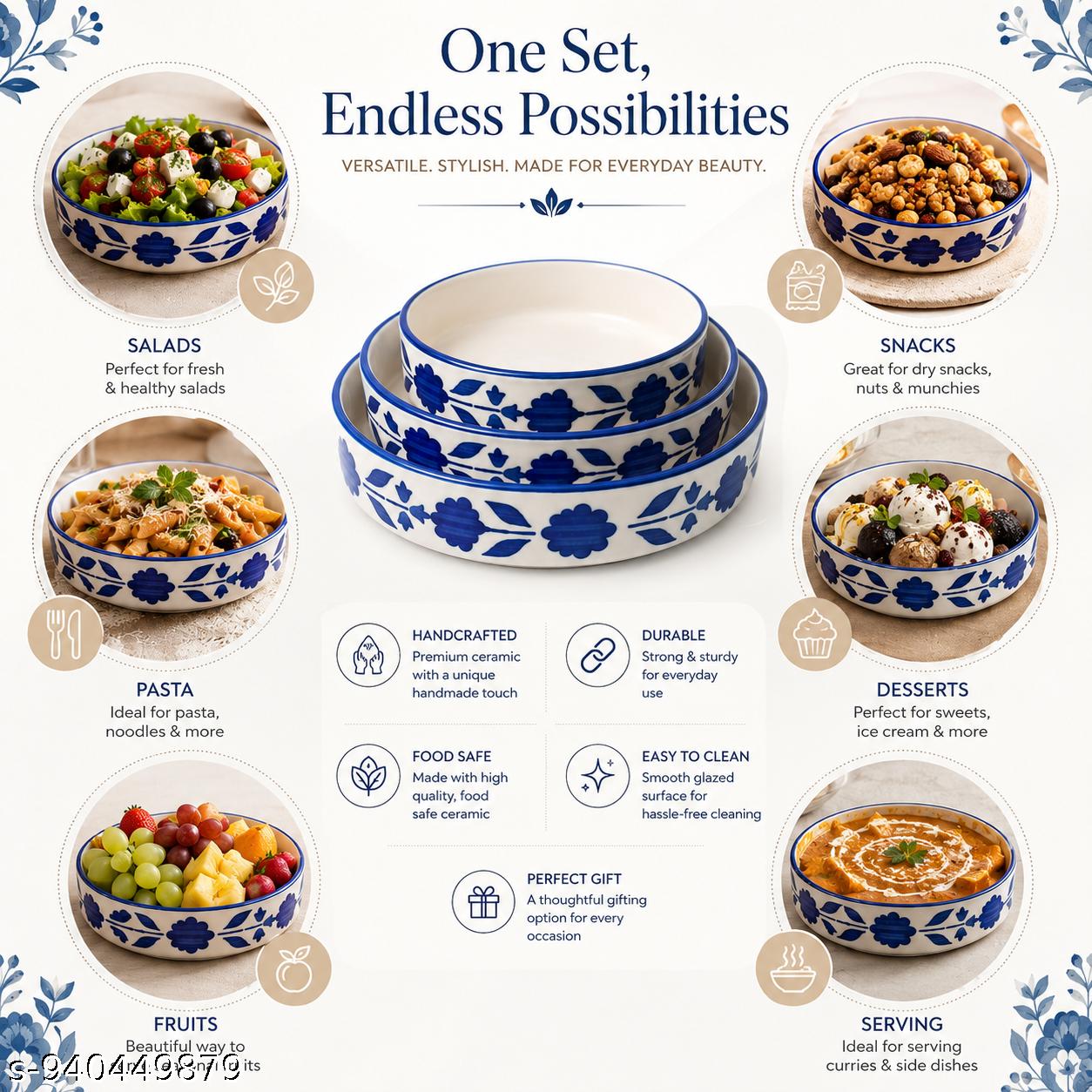 SAJAAO Ceramic Salad Bowl Set, Serving Snacks Ceramic Plates for Salad, Fruit, Ramen, Noodles, curries, Microwave and Dishwasher Safe, Floral Design (Blue, Pack of 3)