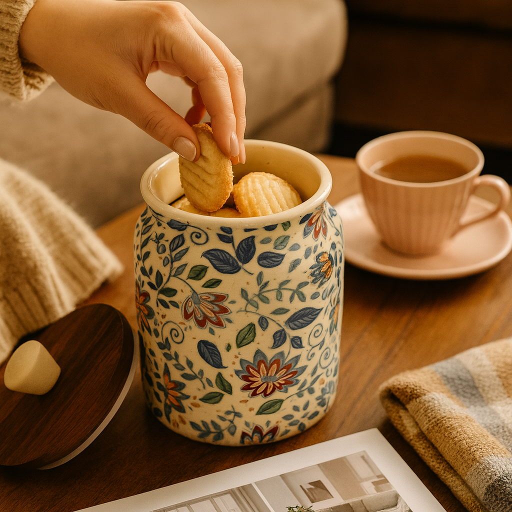 “Handcrafted Floral Ceramic Storage Jar with Wooden Lid”