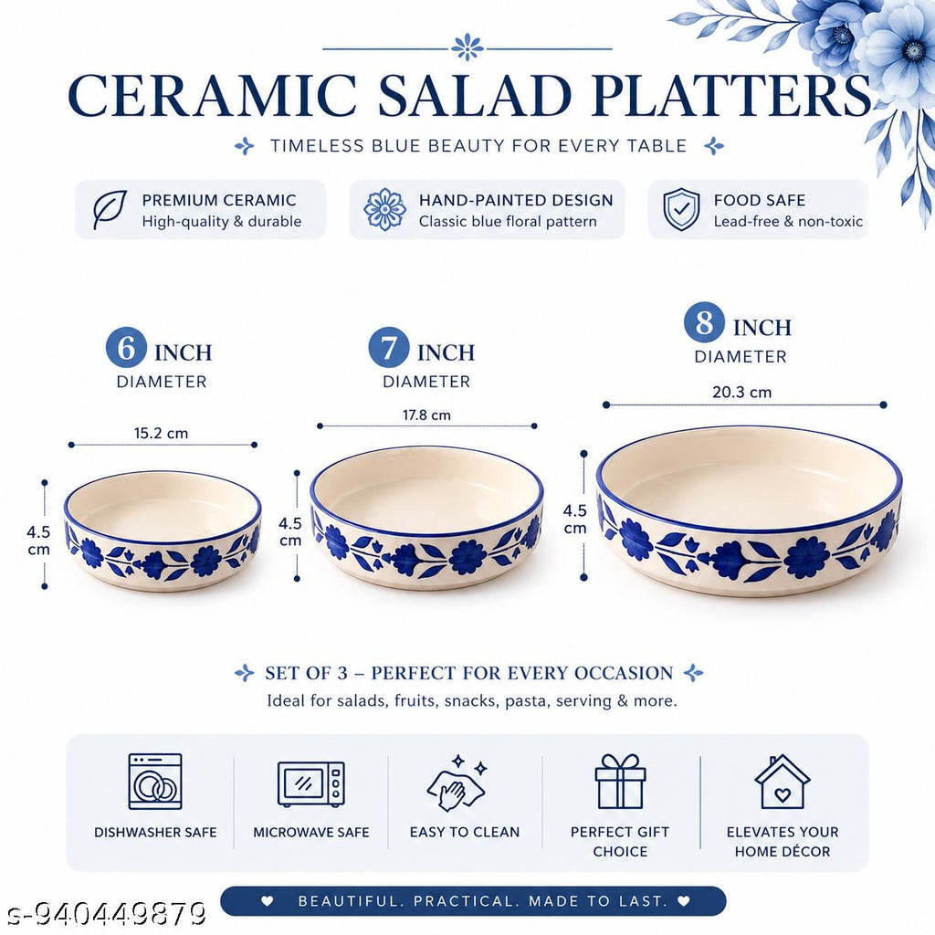 SAJAAO Ceramic Salad Bowl Set, Serving Snacks Ceramic Plates for Salad, Fruit, Ramen, Noodles, curries, Microwave and Dishwasher Safe, Floral Design (Blue, Pack of 3)