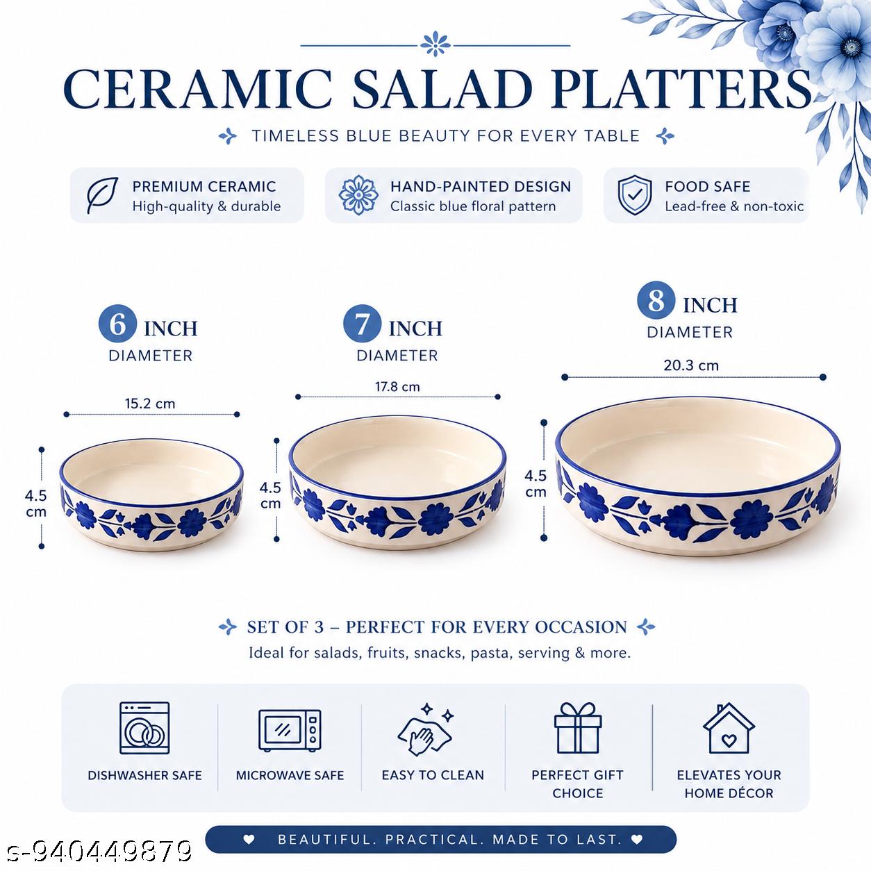 SAJAAO Ceramic Salad Bowl Set, Serving Snacks Ceramic Plates for Salad, Fruit, Ramen, Noodles, curries, Microwave and Dishwasher Safe, Floral Design (Blue, Pack of 3)