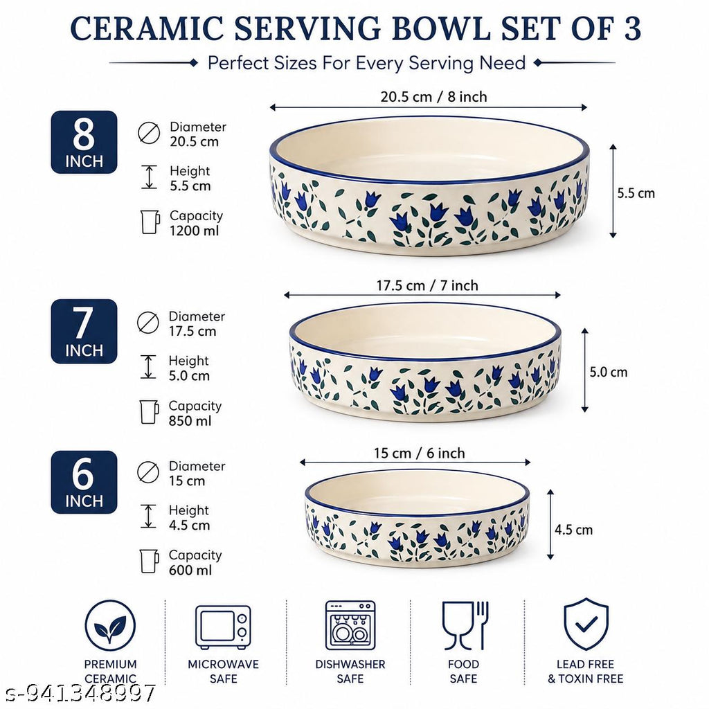 SAJAAO Ceramic Salad Bowl Set, Serving Snacks Ceramic Plates for Salad, Fruit, Ramen, Noodles, curries, Microwave and Dishwasher Safe, Floral Design with Blue Rim (Multicolour, Pack of 3)