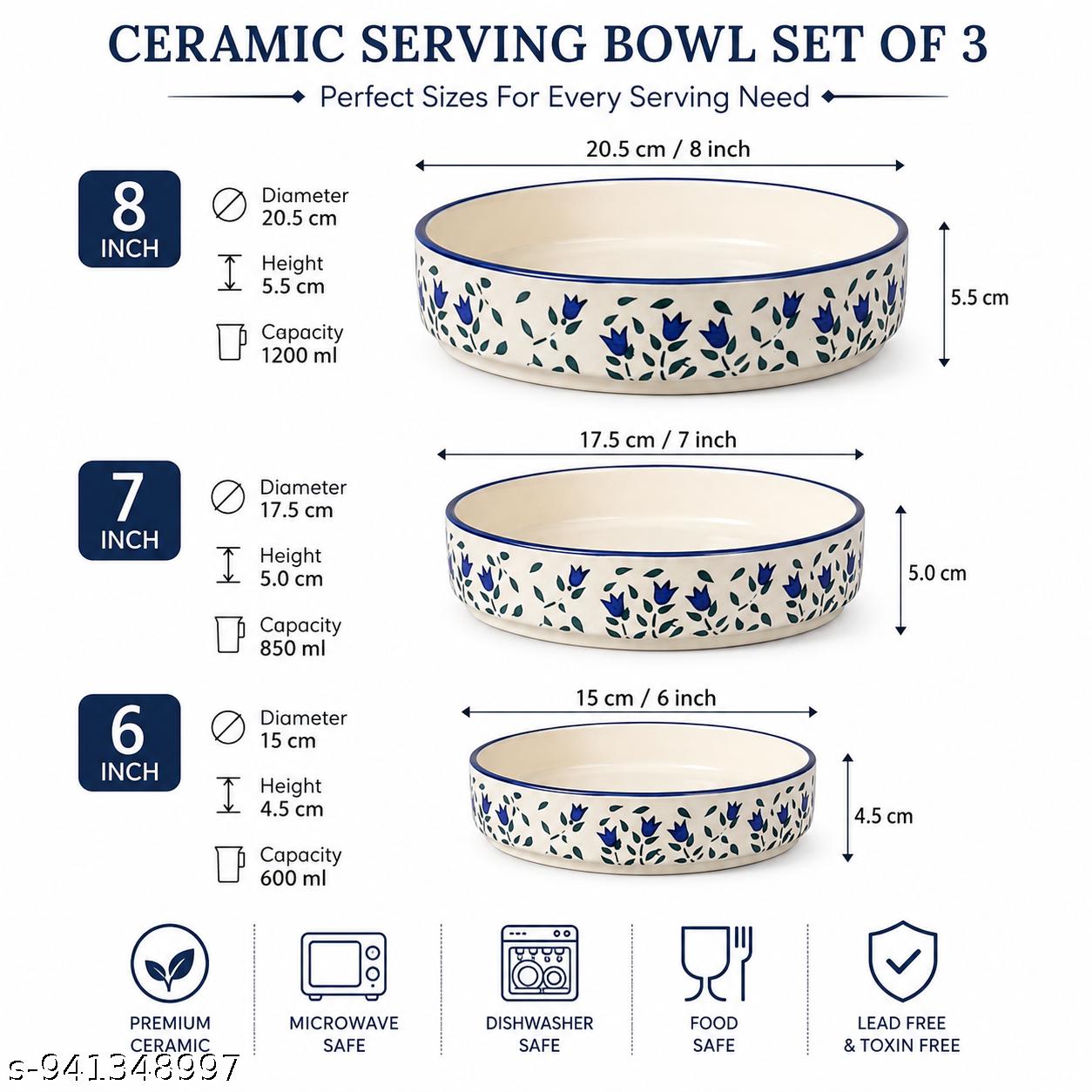 SAJAAO Ceramic Salad Bowl Set, Serving Snacks Ceramic Plates for Salad, Fruit, Ramen, Noodles, curries, Microwave and Dishwasher Safe, Floral Design with Blue Rim (Multicolour, Pack of 3)