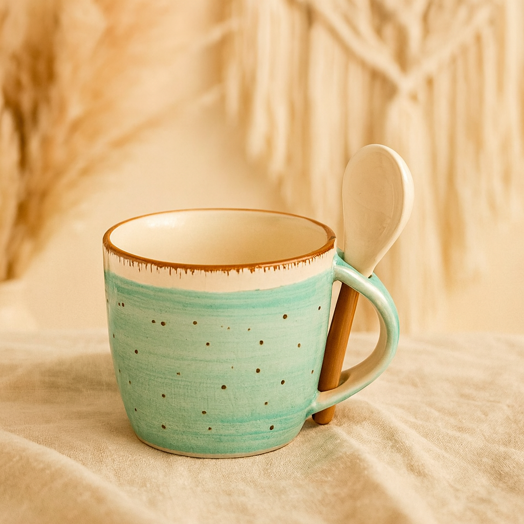 SAJAAO Designer mugs with spoon, Ceramic cup set for tea, coffee, milk ( Sea-Green, Pack of 2)