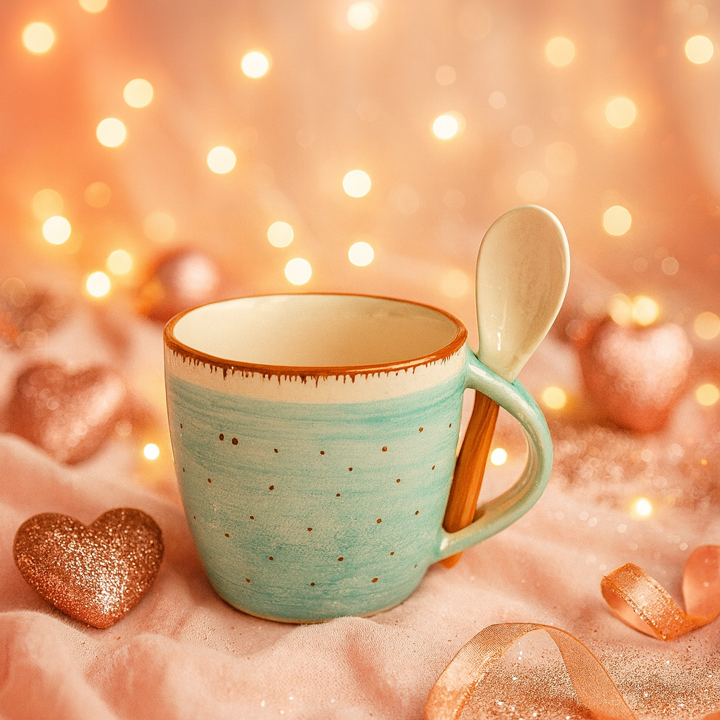 SAJAAO Designer mugs with spoon, Ceramic cup set for tea, coffee, milk ( Sea-Green, Pack of 2)