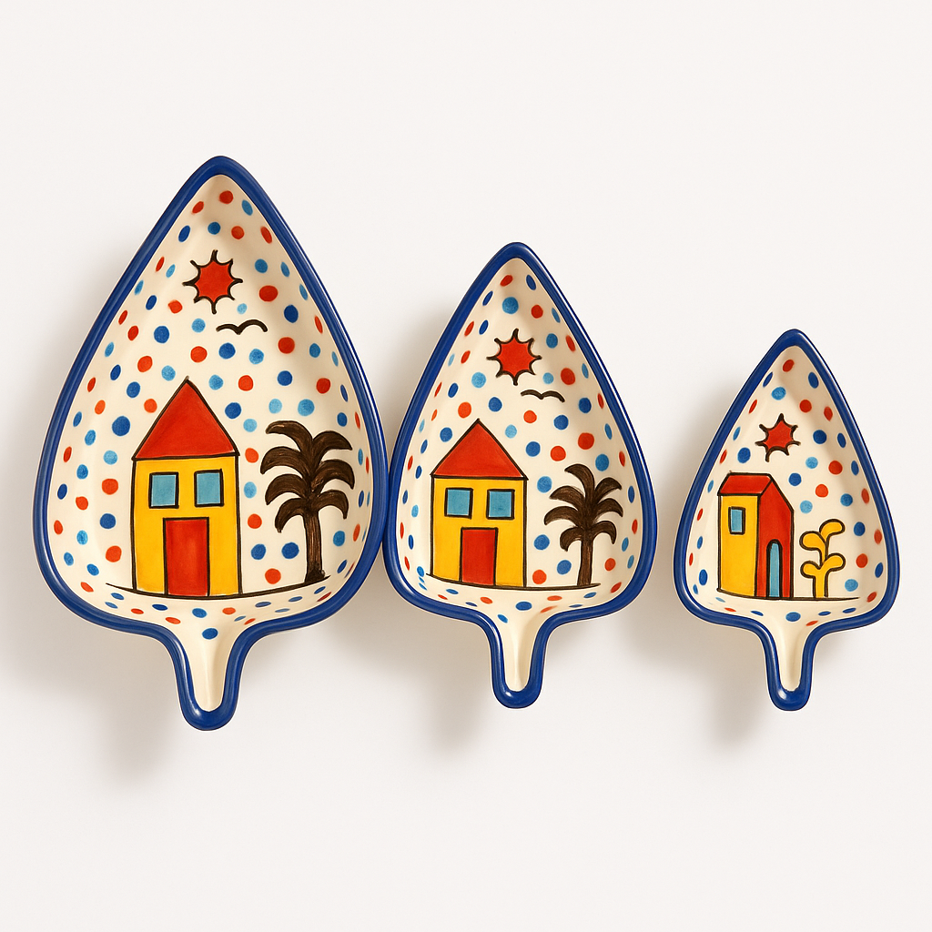 Sajaao Ceramic Serving Platters , Hand Painted Hut Design with Polka Dots for Serving Sweets, Cookies, Dry Fruits (Multicolour, Set of 3)
