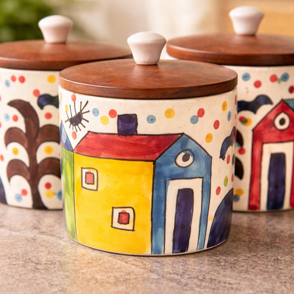 SAJAAO Village Theme hand painted , air tight ceramic jar with wooden lid. pack of 1, 500 ml