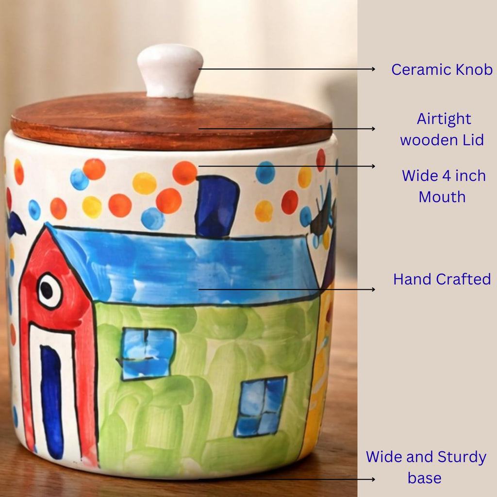 SAJAAO Village Theme hand painted , air tight ceramic jar with wooden lid. pack of 1, 500 ml