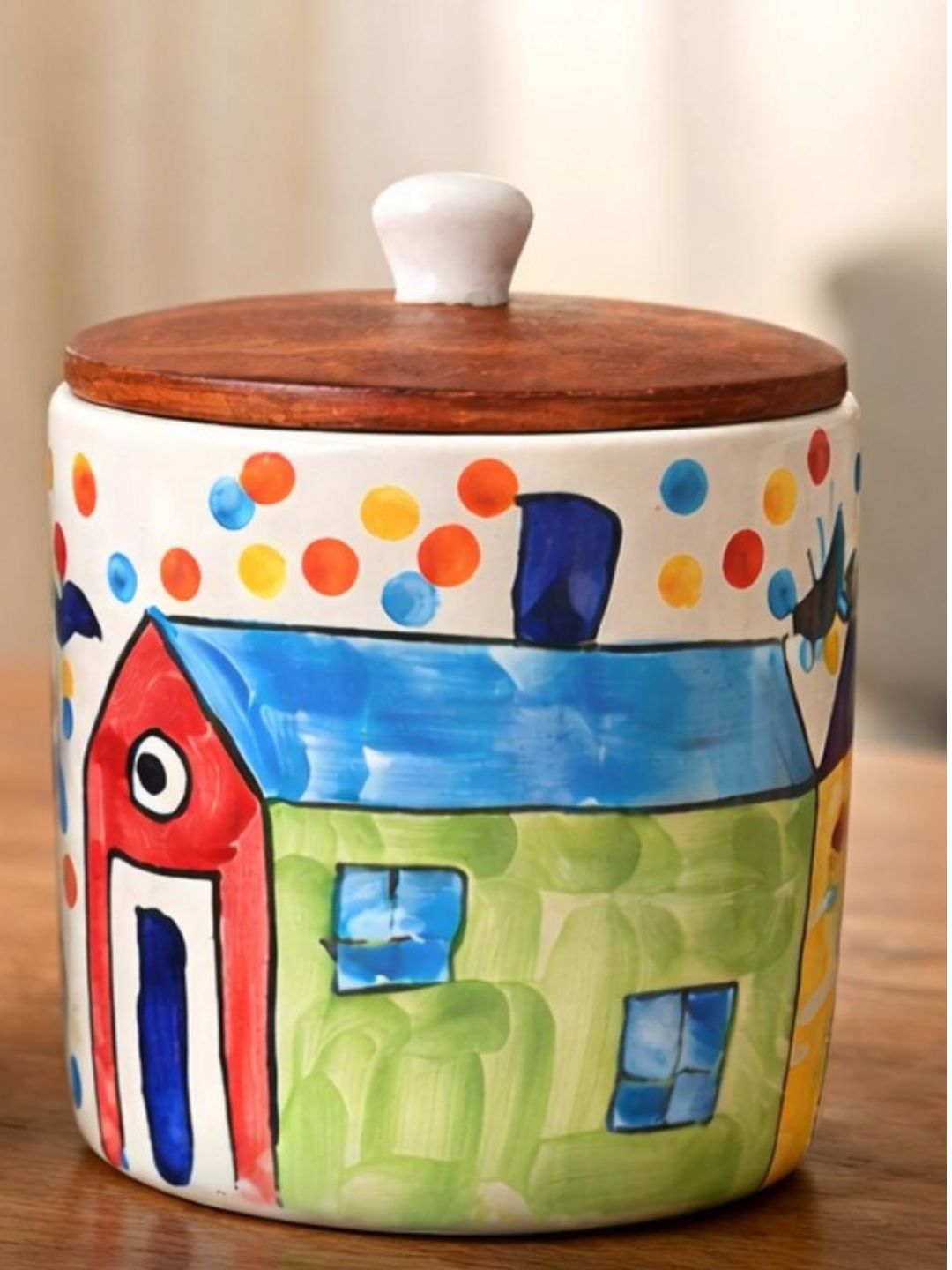 SAJAAO Village Theme hand painted , air tight ceramic jar with wooden lid. pack of 1, 500 ml