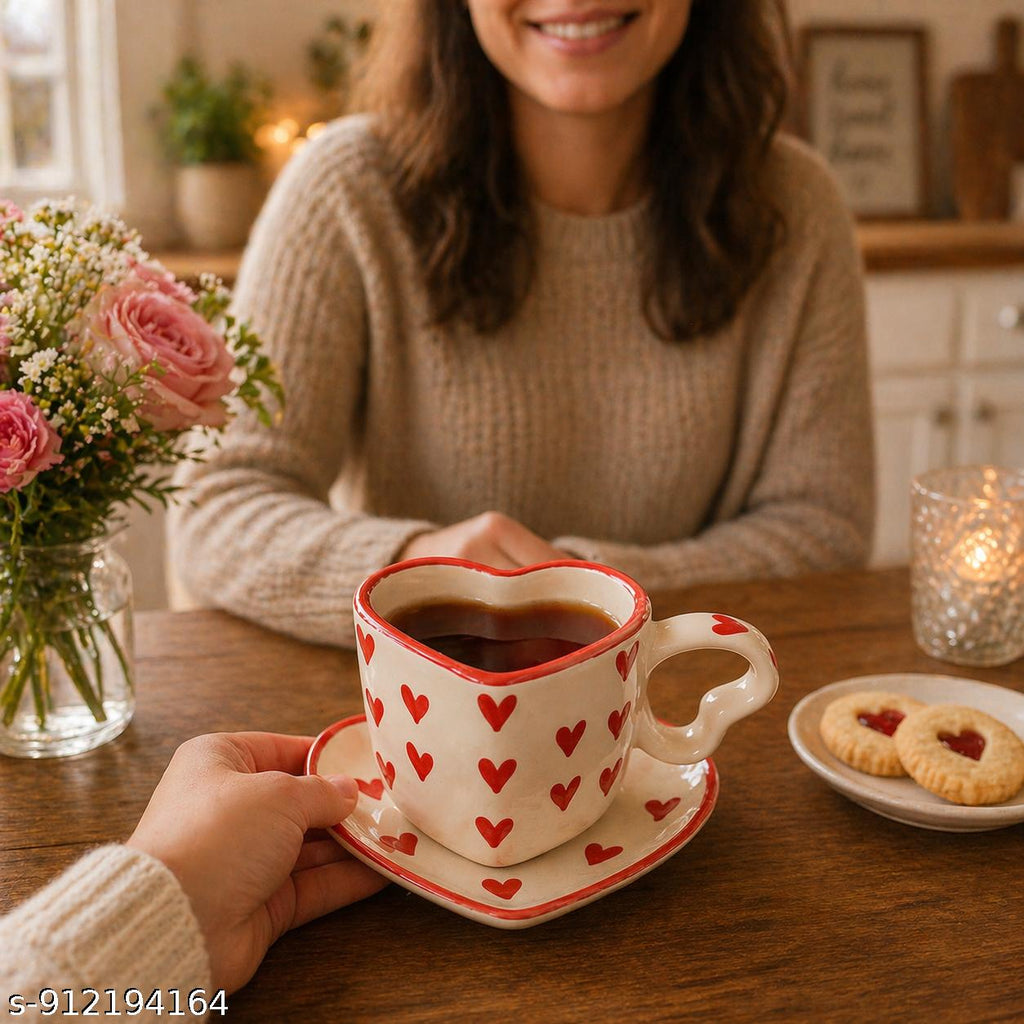 SAJAAO Heart Shape Ceramic Coffee Mug with Saucer for Tea, Cappuccino, Handpainted Red and White, Gift for Friend, Valentine Gift for Couples, Set of 2
