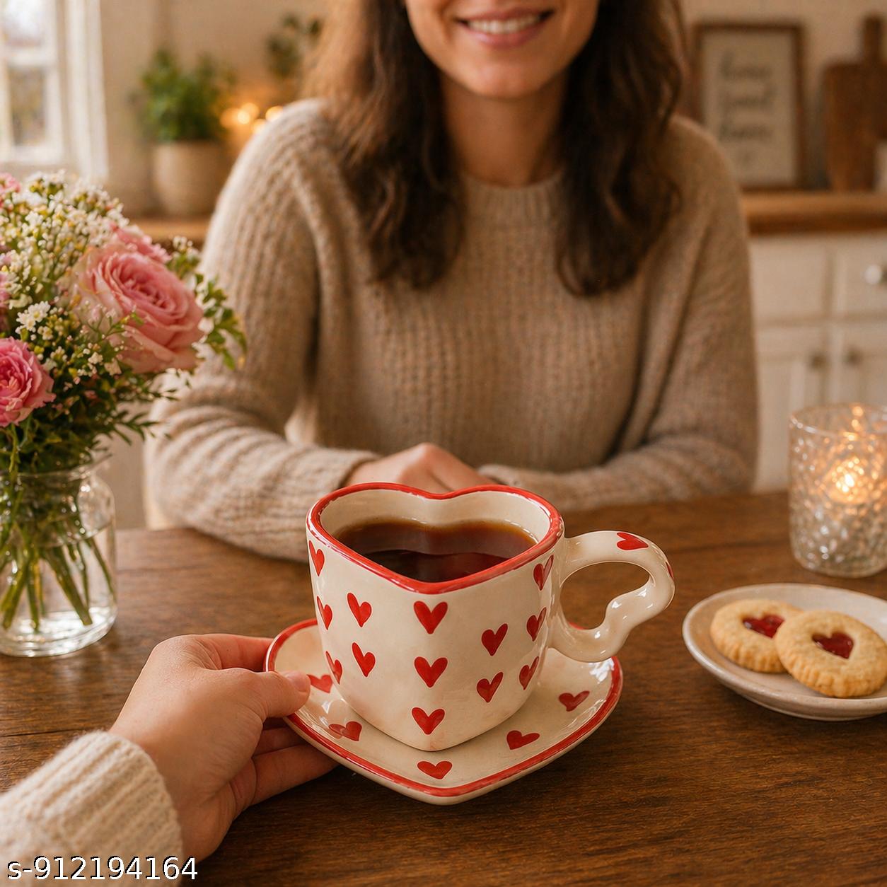 SAJAAO Heart Shape Ceramic Coffee Mug with Saucer for Tea, Cappuccino, Handpainted Red and White, Gift for Friend, Valentine Gift for Couples, Set of 2